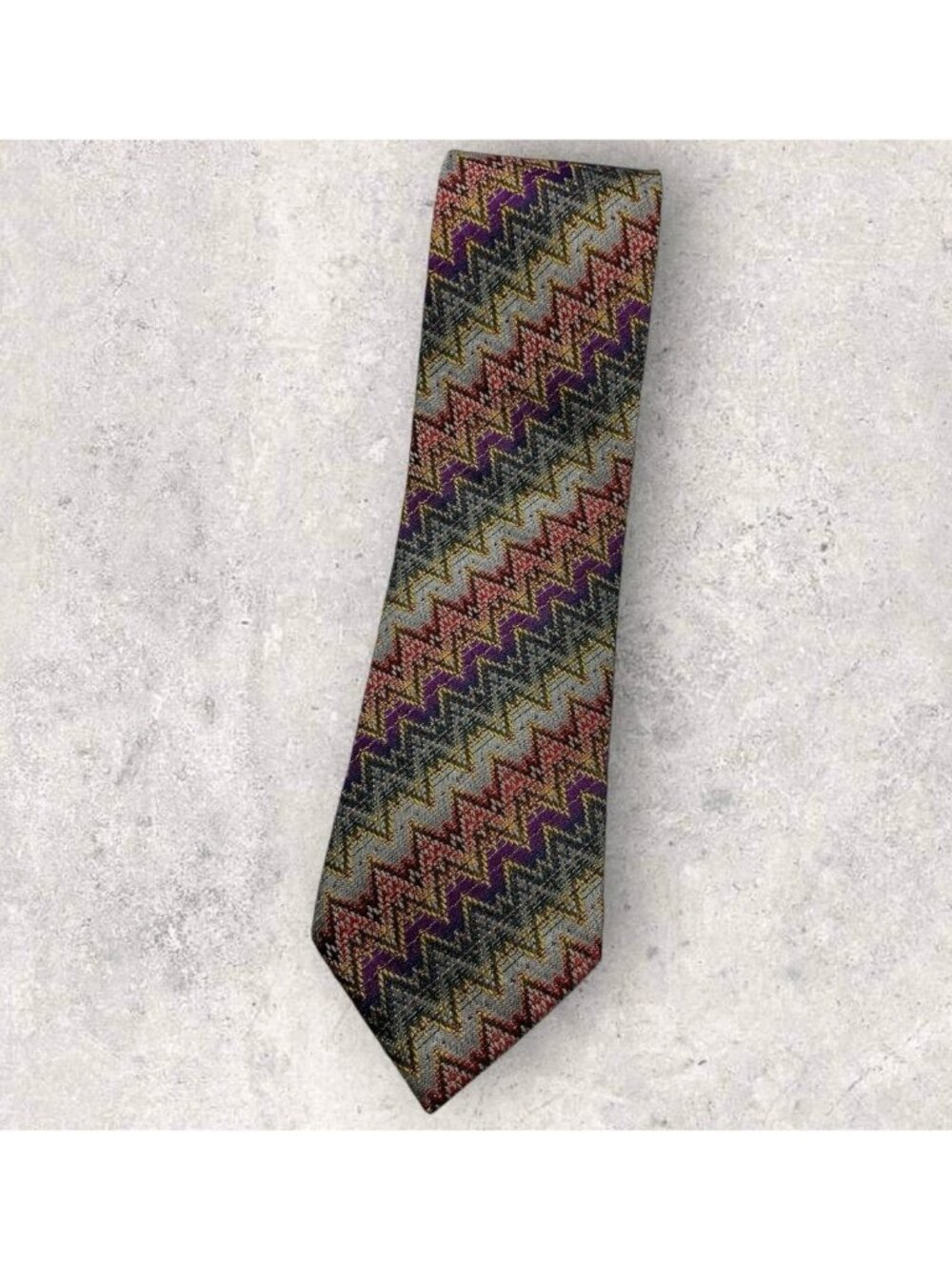MISSONI Silk Tie ITALY Gray Yellow Purple Geometric W:3.7" EUC